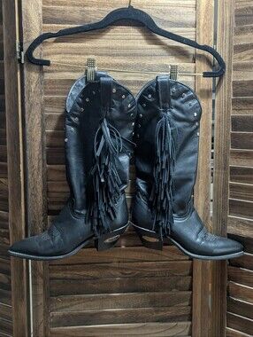 Vintage 80s Code West Black Leather Studded Fringe Cowboy Boots 5.5